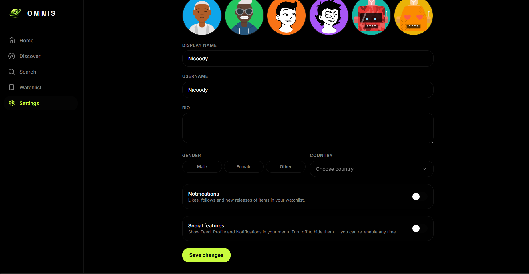 Settings, disable social features